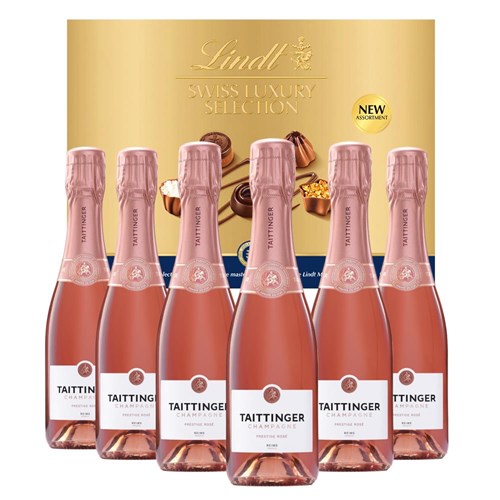 Taittinger Brut Prestige Rose Champagne 37.5cl Case of 6 with Lindt Swiss Tradition Chocolates 193g